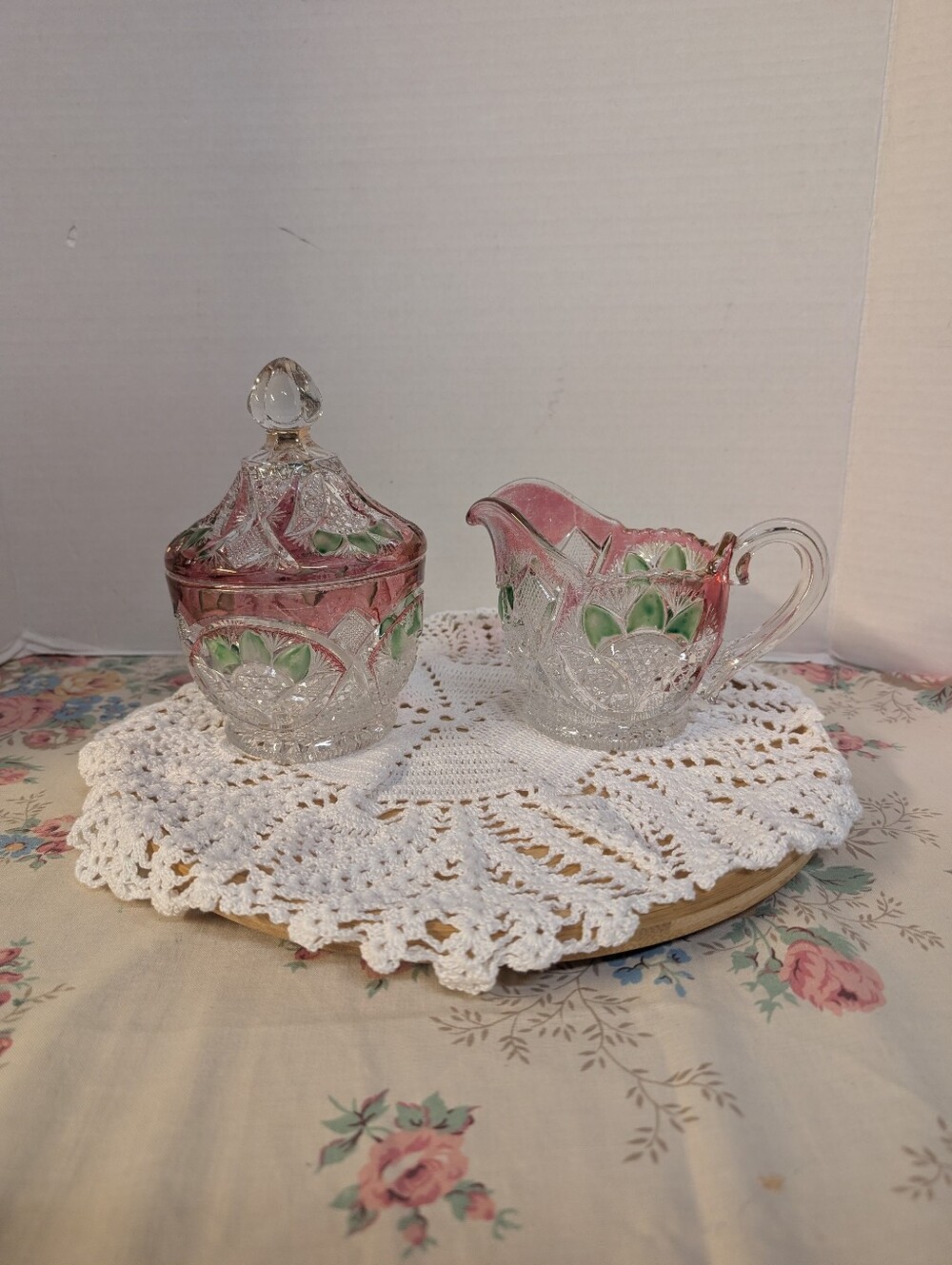 EAPG U.S. Glass Buckingham Crosby Creamer Sugar Bowl with lid Red Flashing Green